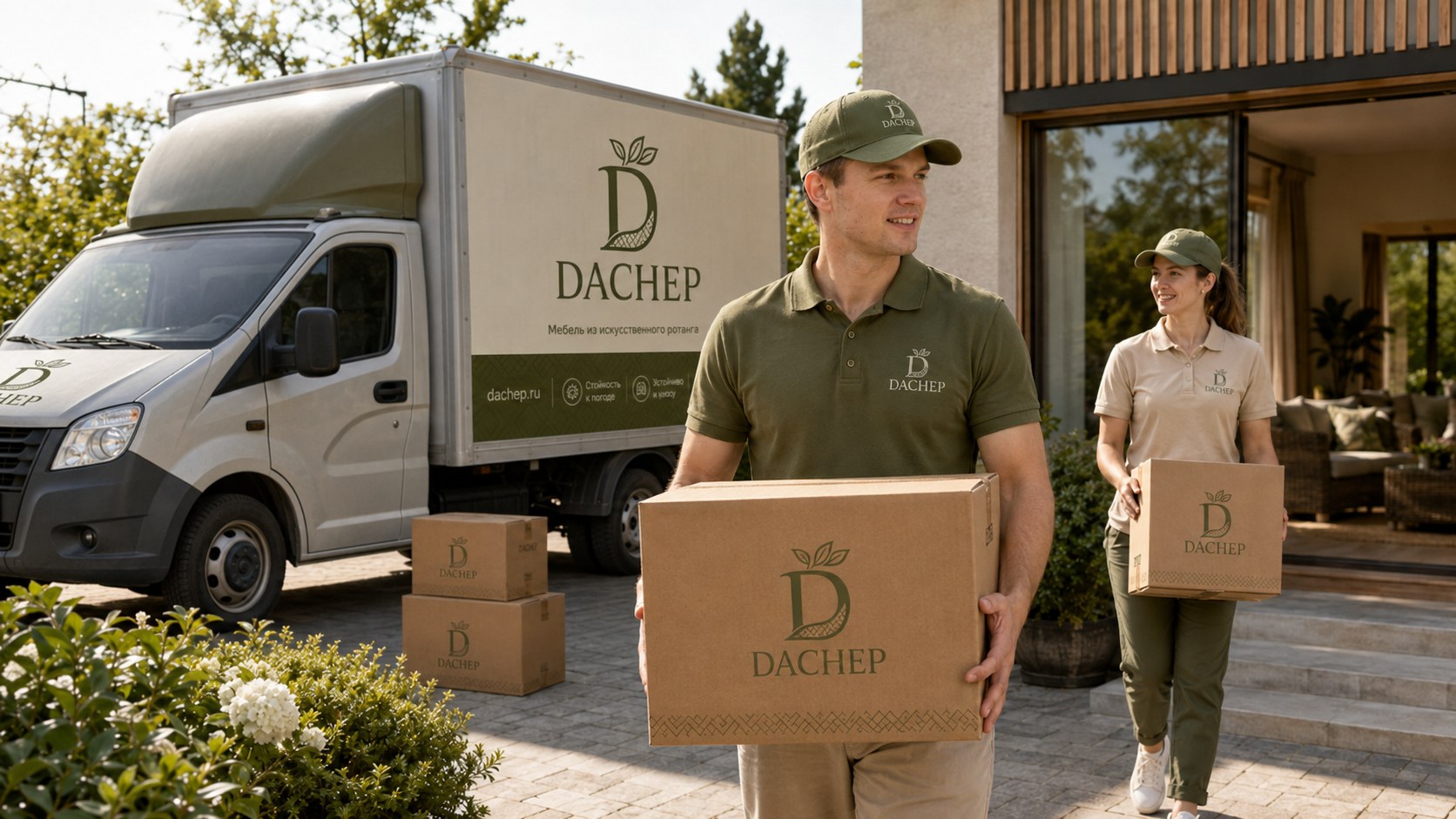 Курьеры Dachep выгружают заказ у дома